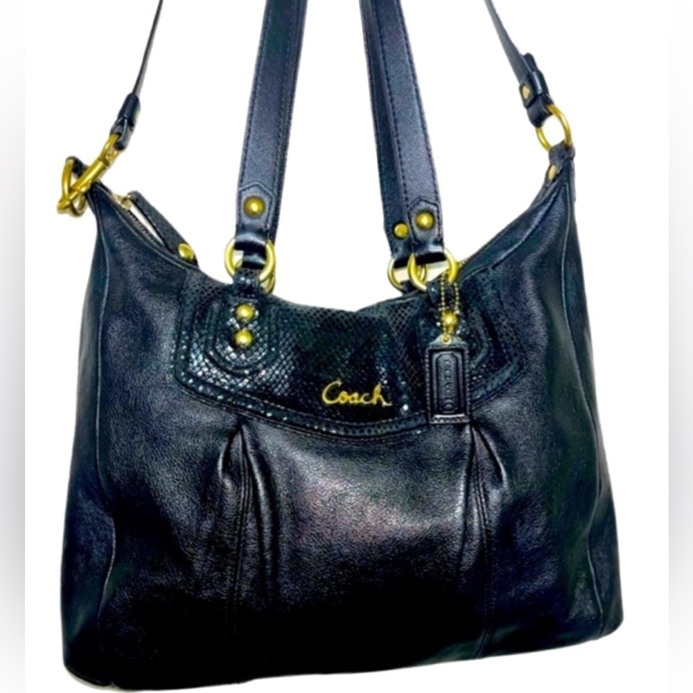 COACH Ashley Black Leather Python Trim Purse Shoulder Hobo Handbag F20104